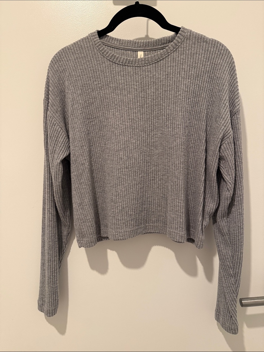 Aritzia Babaton Ribbed Crewneck Crop Long-Sleeve Top in Gray Heather